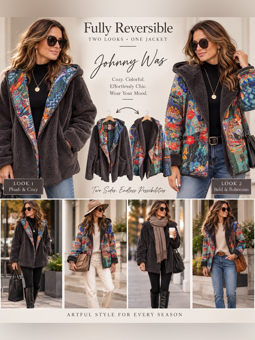 Johnny Was Joan Reversible Sherpa Hooded Jacket Boho Print Gray XL